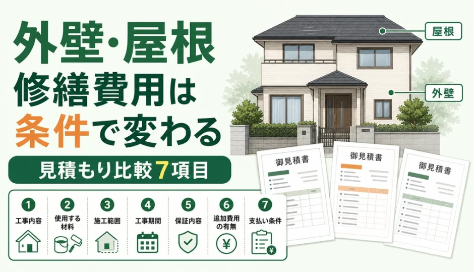 空き家の外壁・屋根修繕費用が工事条件で変わることと見積もり比較7項目を示す図