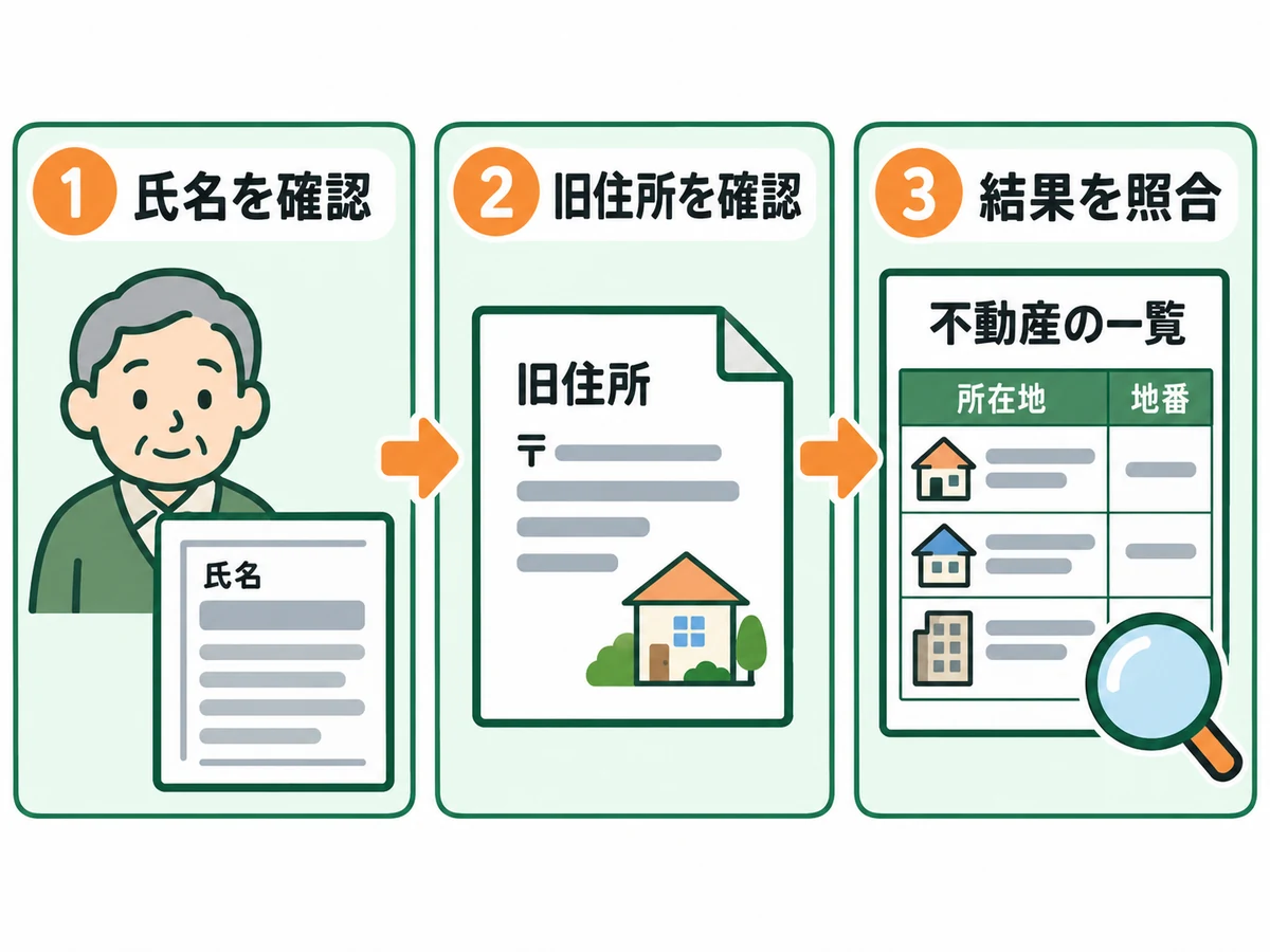 氏名・旧住所の資料を確認し証明書の結果と照合する3段階