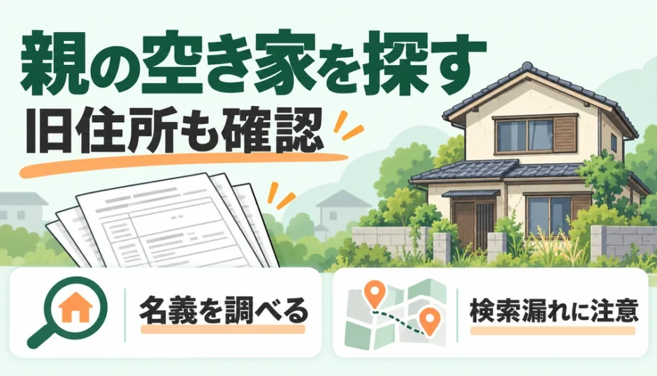 親の空き家を探す際に旧住所と登記名義を確認する図